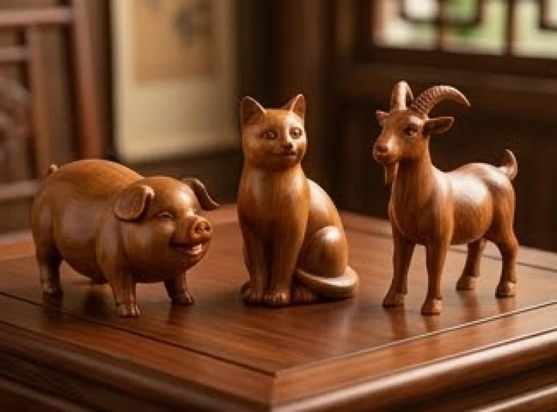 Tuổi Hợi hợp kết hôn với tuổi nào: Chọn bạn đời tránh phạm kỵ 2 Đồ trang trí phong thủy chạm khắc hình lợn, mèo và dê bằng gỗ tự nhiên đặt trên bàn trà sang trọng