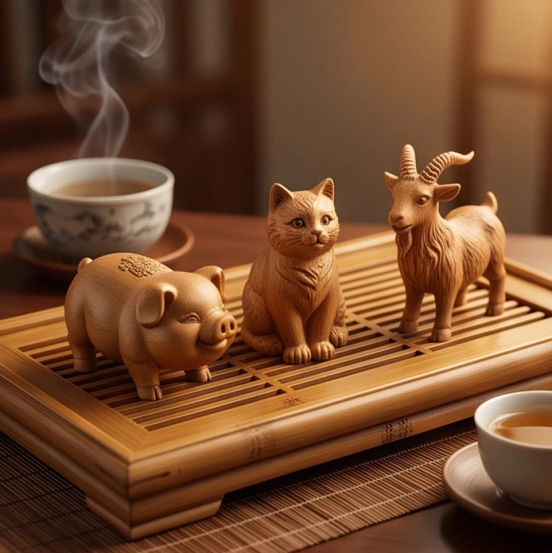 Ất Hợi 1995 Mệnh Gì: Chi Tiết Bản Mệnh Và Ứng Dụng Phong Thủy 6 Ba bức tượng gỗ nhỏ khắc hình heo, mèo và dê được đặt trên một khay trà cổ điển mang ý nghĩa tam hợp