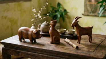 Biểu tượng phong thủy truyền thống thể hiện năng lượng tam hợp tuổi mão với hình ảnh lợn mèo và dê bằng ngọc