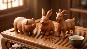 Bộ ba linh vật Hợi Mão Mùi tượng trưng cho tam hợp tuổi Mão bằng gỗ quý