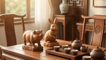 Biểu tượng tam hợp tuổi mùi với tượng gỗ ba con giáp Hợi Mão Mùi đặt trên bàn trà truyền thống