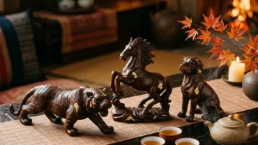 Tượng ba con giáp Dần Ngọ Tuất bằng gỗ đại diện cho phong thủy tam hợp tuổi ngọ trên bàn trà truyền thống
