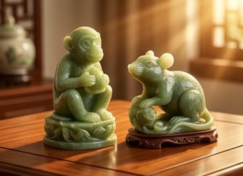 Tuổi Thân hợp kết hôn với tuổi nào: Bảng tra chi tiết & năm cưới 1 Cặp tượng khỉ và chuột bằng ngọc bích đặt trên bàn gỗ phong thủy tượng trưng cho tam hợp tuổi Thân và Tý