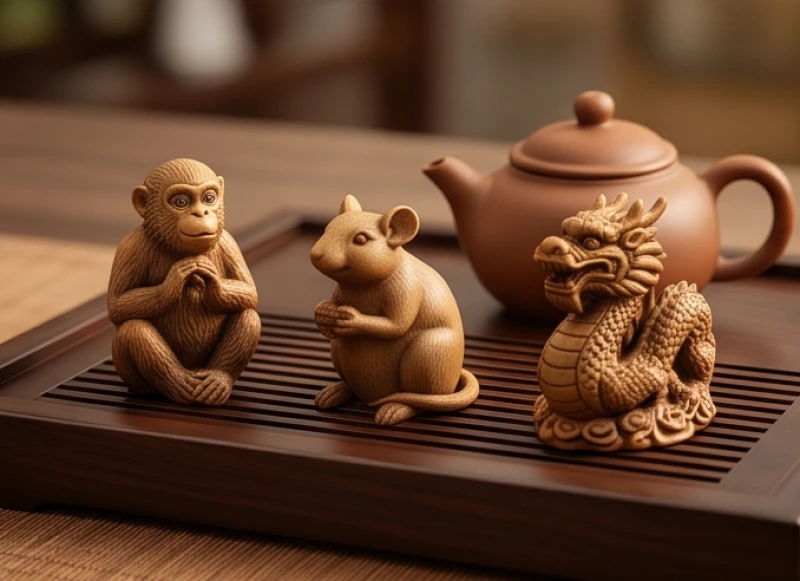 Tượng ba linh vật Khỉ Chuột và Rồng chạm khắc tinh xảo đặt cạnh ấm trà đạo bằng đất nung