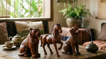 Bộ tượng gỗ khắc ba con giáp Dần Ngọ Tuất đại diện cho phong thủy tam hợp tuổi tuất đặt trên bàn làm việc