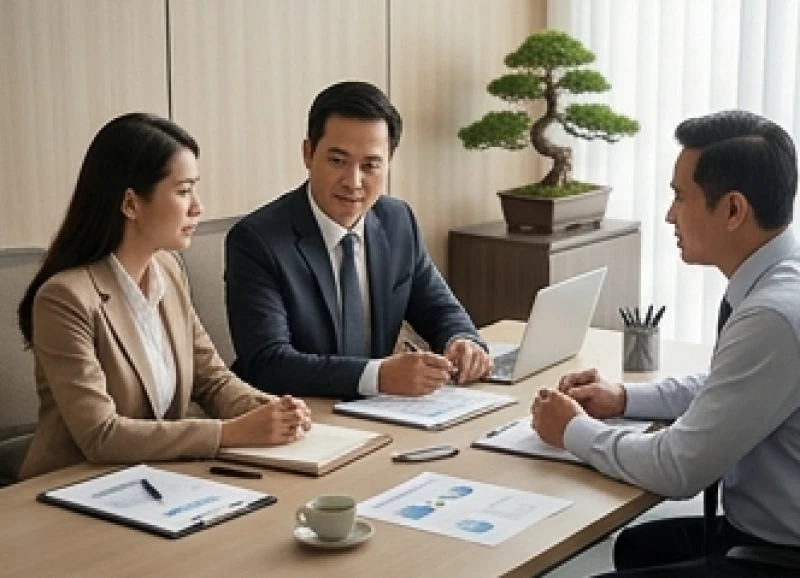 Ba doanh nhân đang thảo luận chiến lược kinh doanh thể hiện sự gắn kết của nhóm Tam hợp