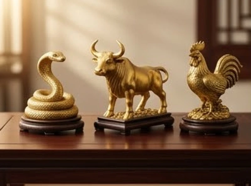 Bức tượng phong thủy ba con giáp Tỵ Sửu Dậu được mạ vàng đặt trên bàn gỗ sang trọng