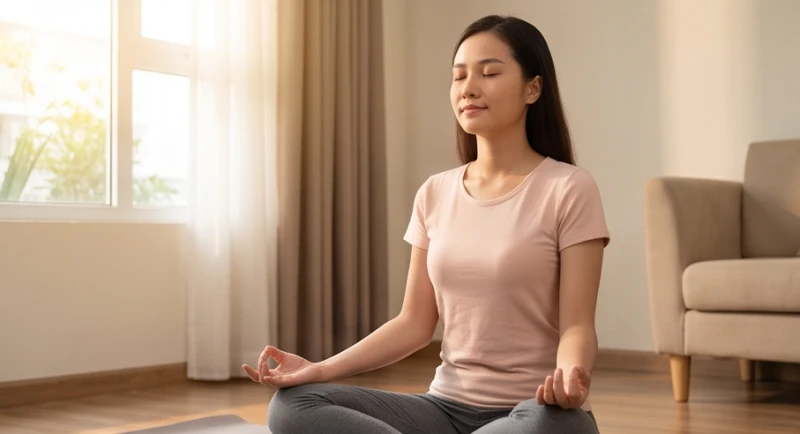 Cô gái chắp tay nhắm mắt tĩnh tâm trong một không gian thanh tịnh để buông bỏ bám chấp tiêu cực