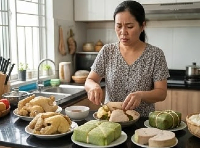 Người phụ nữ bận rộn chuẩn bị mâm cỗ cúng đầu tháng với vẻ mặt căng thẳng và mệt mỏi