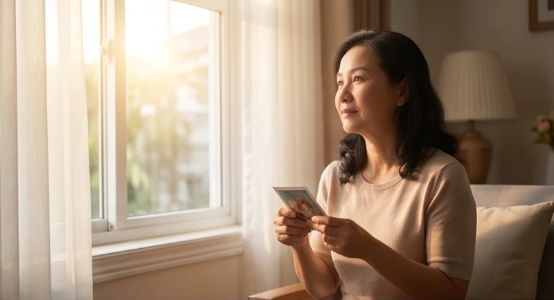 Người mẹ trung niên ngồi tư lự bên cửa sổ ngắm nhìn những kỷ vật thời thơ ấu của con