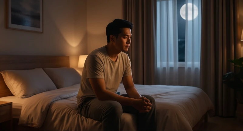 Người đàn ông trầm ngâm suy nghĩ giữa đêm khuya sau khi tỉnh giấc từ một chiêm bao đặc biệt