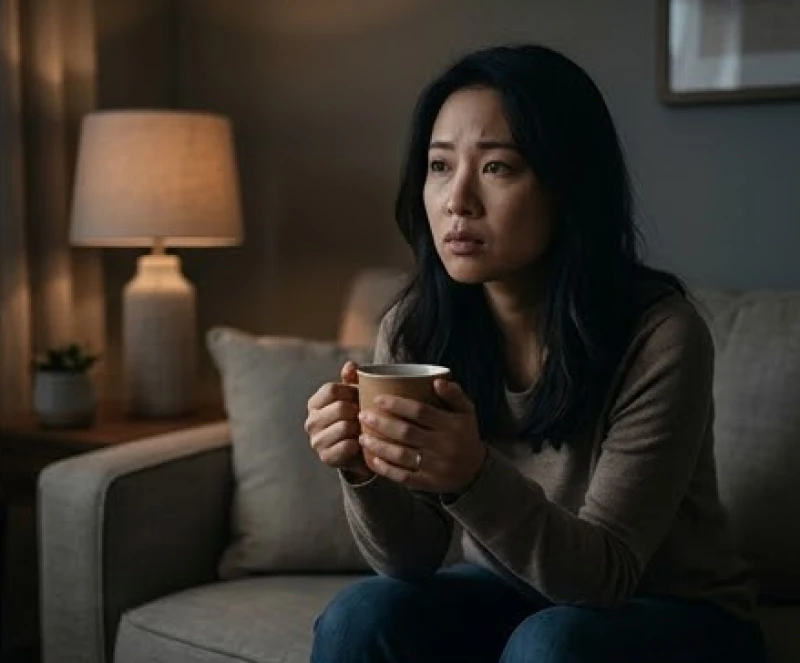 Mơ thấy chồng: Tra cứu điềm báo, con số và cách giải tỏa lo âu 2 Người vợ ngồi lặng lẽ bên tách trà tự suy xét cảm xúc bản thân giữa màn đêm tĩnh lặng