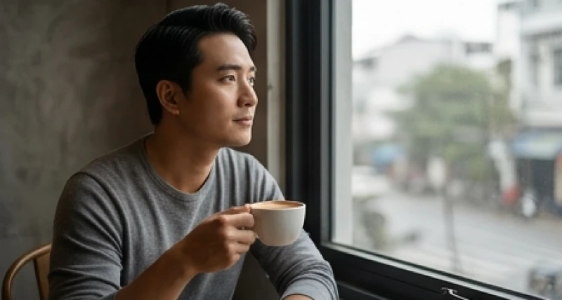 Người đàn ông trầm tư ngồi uống cà phê một mình bên cửa sổ, hồi tưởng lại những khoảng thời gian thanh xuân vô lo
