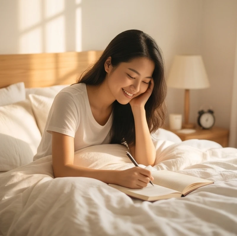 Cô gái trẻ mỉm cười thanh thản bên cuốn sổ ghi chép sau khi tỉnh dậy từ giấc mơ về người yêu cũ