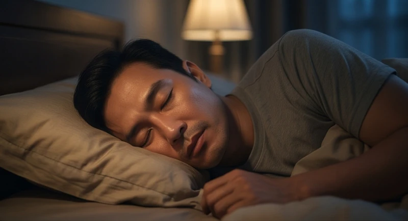 Người đàn ông Việt Nam nhắm mắt ngủ say trong không gian yên tĩnh giúp não bộ tự giải phóng áp lực