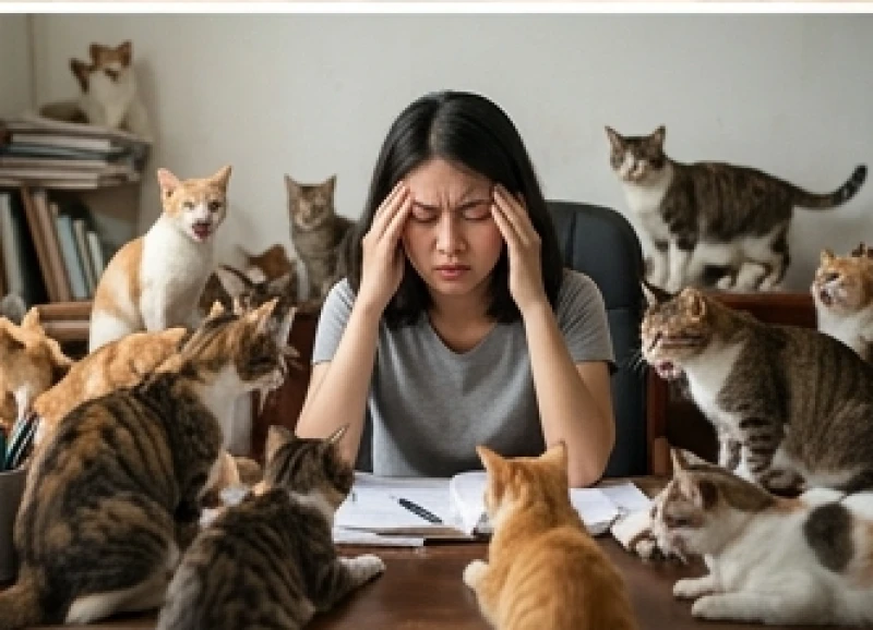 Mơ thấy đàn mèo: Giải mã điềm báo tâm linh & bộ số phong thủy 8 Một người phụ nữ ngồi ôm đầu mệt mỏi bên bàn làm việc khi xung quanh là hàng chục chú mèo đang kêu