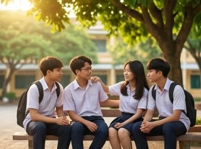 Tử vi tuổi Kỷ Sửu 2009 năm 2026: Cẩm nang thi cử và giải hạn 7 Nhóm học sinh lớp 12 ngồi tâm sự và động viên nhau dưới sân trường rợp bóng cây xanh