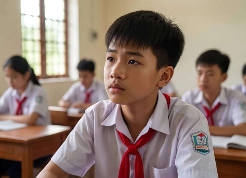 Nam sinh 15 tuổi mang vẻ mặt trầm tư khi đối diện với những áp lực vô hình từ học tập