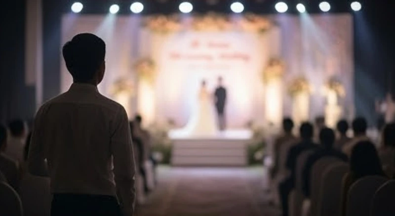 Một người khách lẻ loi đứng nhìn từ xa về phía sân khấu tiệc cưới rực rỡ ánh đèn đang diễn ra