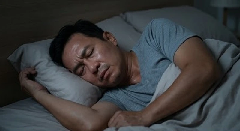 Người đàn ông căng thẳng và đổ mồ hôi khi trải qua cảm giác hụt chân trong lúc ngủ