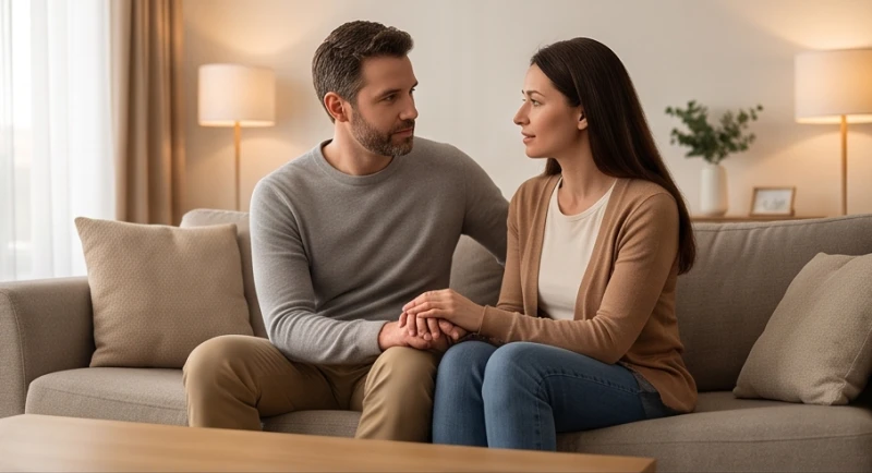 Mất nhẫn cưới là điềm gì: Cách xử lý êm đẹp và quy tắc mua lại 1 Vợ chồng bình tĩnh ngồi trò chuyện sau sự cố thất lạc nhẫn cưới để giải tỏa áp lực tâm lý