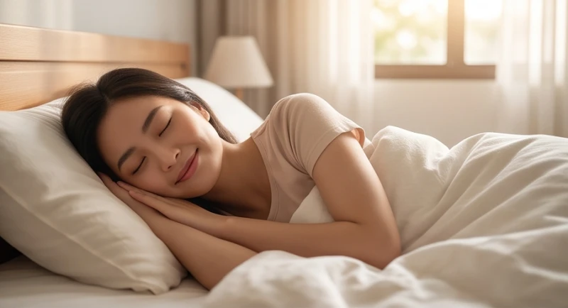Cô gái trẻ nằm ngủ trên giường và mỉm cười nhẹ nhõm khi mơ thấy ra mắt gia đình người yêu