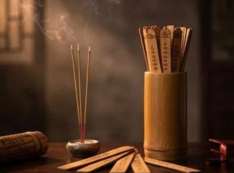 Không gian tĩnh lặng với các vật phẩm tâm linh như quẻ xăm thẻ tre và nhang trầm trên chiếc bàn gỗ cổ
