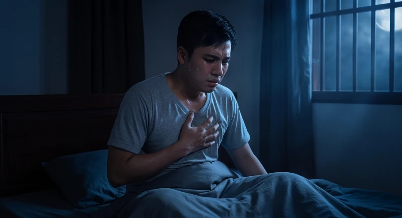 Một người đang vã mồ hôi và ôm ngực đầy lo âu khi vừa tỉnh dậy từ cơn ác mộng