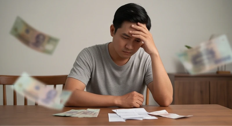 Người đàn ông chống cằm suy nghĩ với vẻ mặt đầy áp lực trước những hóa đơn và giấy bạc