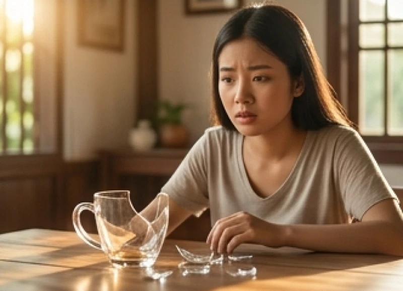 Cô gái Việt Nam với nét mặt đầy âu lo khi vừa vô tình làm vỡ một chiếc cốc thủy tinh
