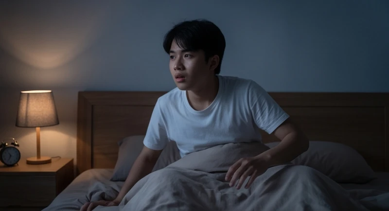 Mơ thấy đám ma người thân: Điềm báo theo vai vế & cách giải tỏa 2 Một người trẻ thức giấc giữa đêm trong phòng ngủ mờ tối với vẻ mặt bàng hoàng do phản ứng của vỏ não trước những căng thẳng