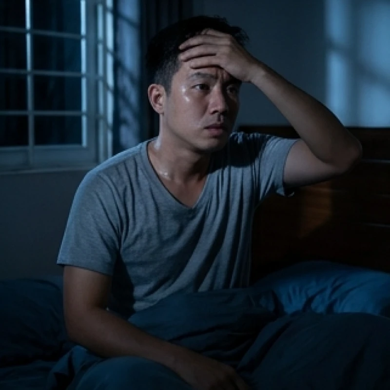 Mơ thấy cảnh sát giao thông: Điềm báo, tâm lý & cách hóa giải 3 Người đàn ông vã mồ hôi và ôm trán thức dậy giữa đêm trên chiếc giường trong căn phòng tối