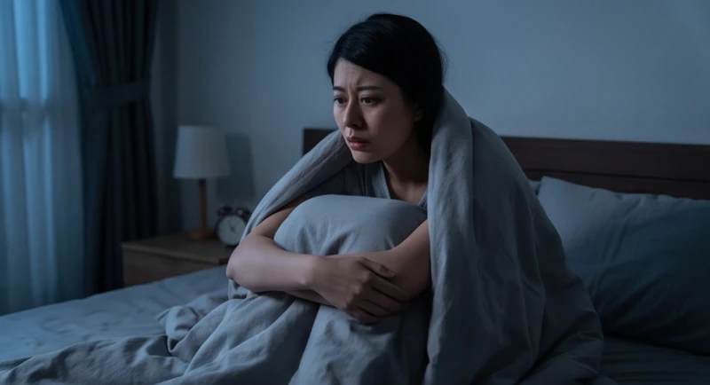 Mơ bị lạc mất con: Giải mã điềm báo giới tính và số may mắn 1 Người phụ nữ ngồi thu mình trên giường trong căn phòng tối mờ ảo với gương mặt đầy trăn trở