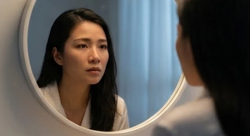 Người phụ nữ nhìn vào gương với vẻ mặt chất chứa nhiều suy tư và nỗi lo âu vô hình