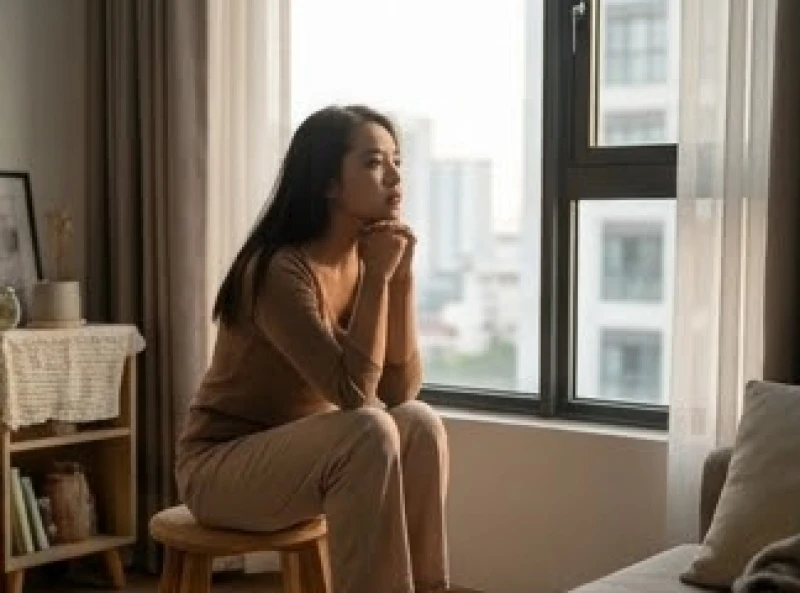 Người phụ nữ ngồi đan tay suy tư bên cửa sổ về những áp lực tâm lý trong đời sống hôn nhân