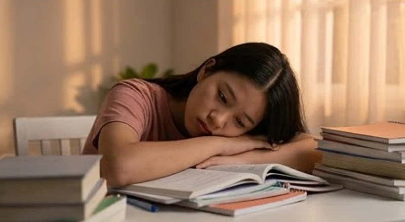 Học sinh nữ gục đầu trên đống sách vở vì áp lực học tập và thi cử kéo dài