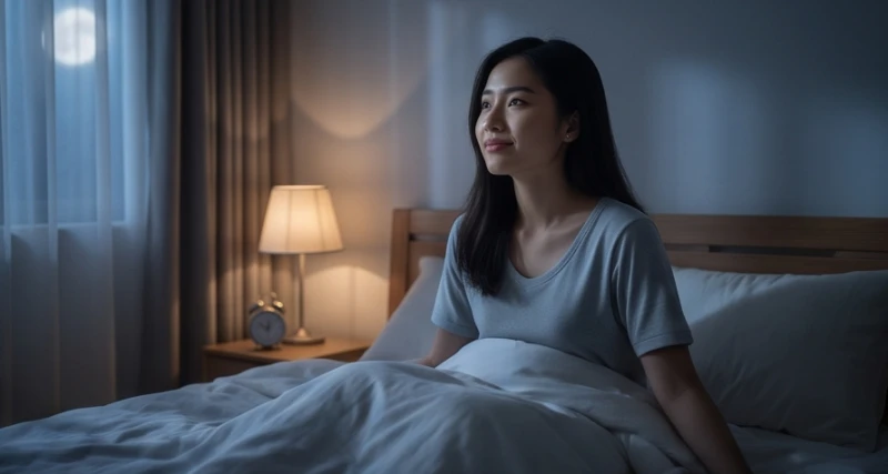 Người phụ nữ trẻ ngồi bần thần trên giường trong ánh sáng mờ ảo sau khi mơ thấy người sống chết.