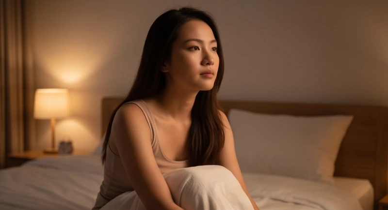 Người phụ nữ ngồi đăm chiêu trên giường phản ánh tâm lý lo âu khi mơ thấy ân ái với chồng.