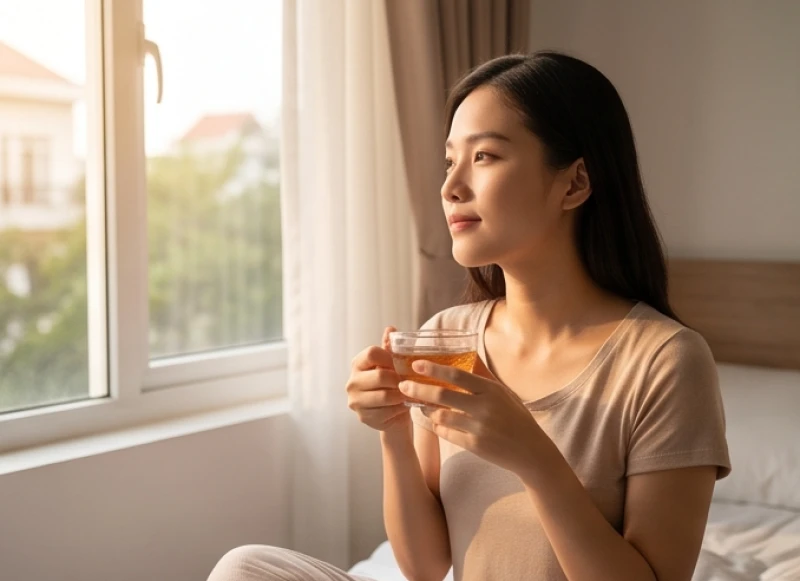 Cô gái ngồi bên cửa sổ ôm cốc trà nóng, suy nghĩ về giấc mộng gặp gia đình người yêu