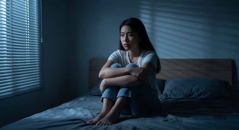 Người phụ nữ ngồi thu mình trên giường trong phòng ngủ tối bộc lộ cảm giác bất an