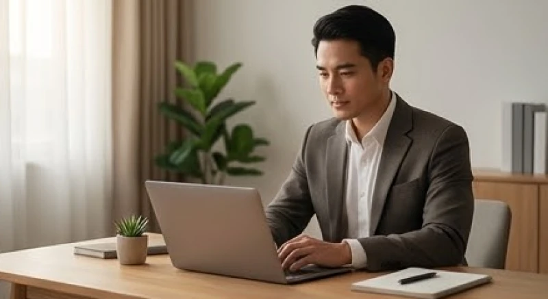 Người đàn ông Á Đông đang tập trung làm việc bên máy tính với phong thái điềm tĩnh và chuyên nghiệp