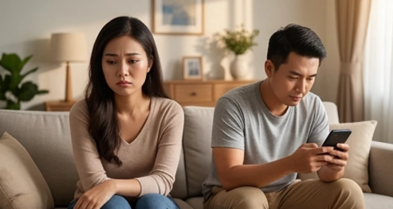 Tình duyên tuổi Mùi năm 2027: Lịch tháng cưới hỏi và cách hóa giải 2 Người phụ nữ tỏ ra buồn bã khi chồng vô tâm bấm điện thoại lúc ngồi chung trên sofa