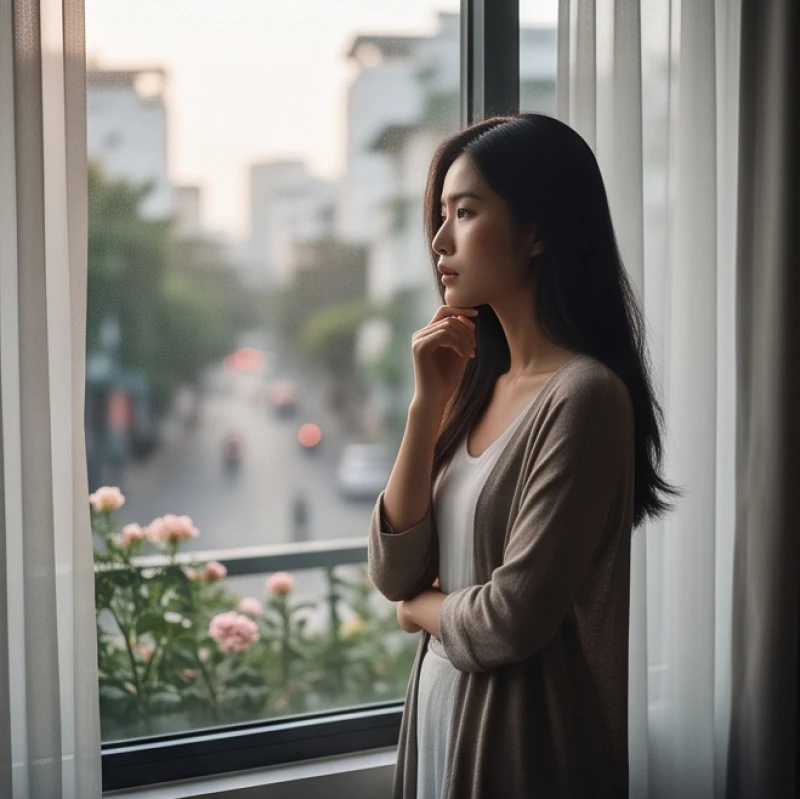 Một người phụ nữ đứng tĩnh lặng bên cửa sổ nhìn ra ngoài trời, ngầm thể hiện khao khát khỏa lấp khoảng trống cô đơn hiện tại