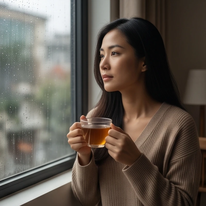 Người phụ nữ nhìn ra ngoài cửa sổ suy nghĩ về những ẩn ức tâm lý sau ly hôn