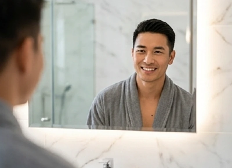 Nốt ruồi ở ngực nam: Ý nghĩa tướng số, y khoa và chi phí tẩy 8 Nam giới mỉm cười tự tin đứng trước gương sau khi hoàn thành quá trình trị liệu da