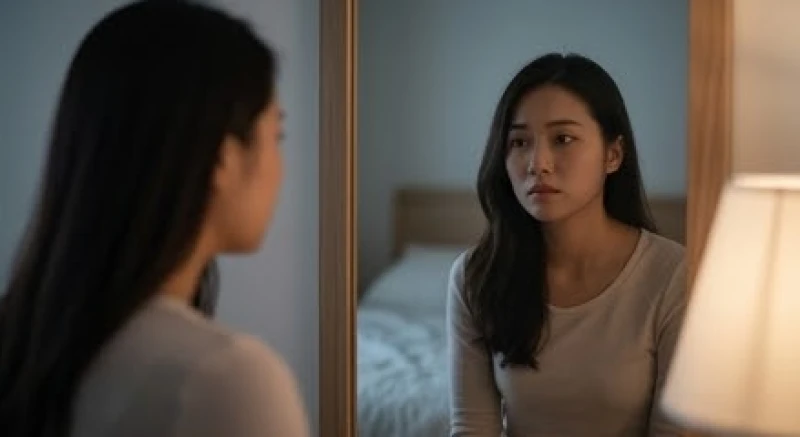 Cô gái nhìn vào gương với ánh mắt đượm buồn, phản chiếu sự hoài nghi về giá trị bản thân trong tình yêu