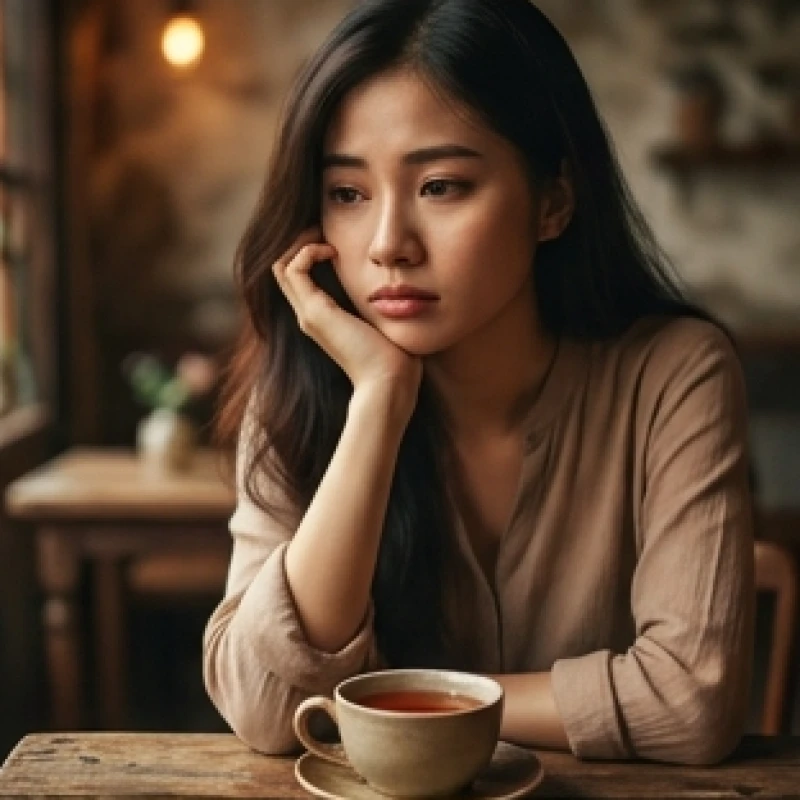 Cô gái trẻ ngồi suy tư bên tách trà với ánh mắt thoáng buồn khi nghĩ về chuyện tình cảm