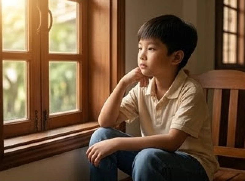 Bé trai 10 tuổi đang ngồi tư lự bên khung cửa sổ ngập tràn ánh nắng ấm áp
