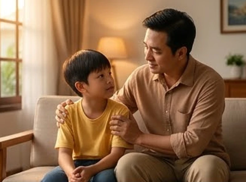 Phụ huynh ân cần an ủi và trò chuyện cùng con trai sau một ngày dài mệt mỏi ở trường