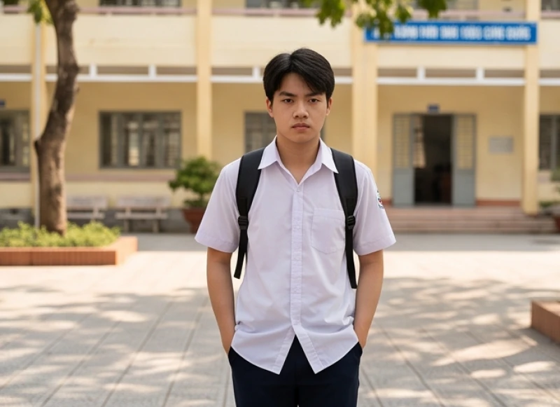 Nam sinh trung học với vẻ mặt căng thẳng đang đi dạo một mình trên sân trường